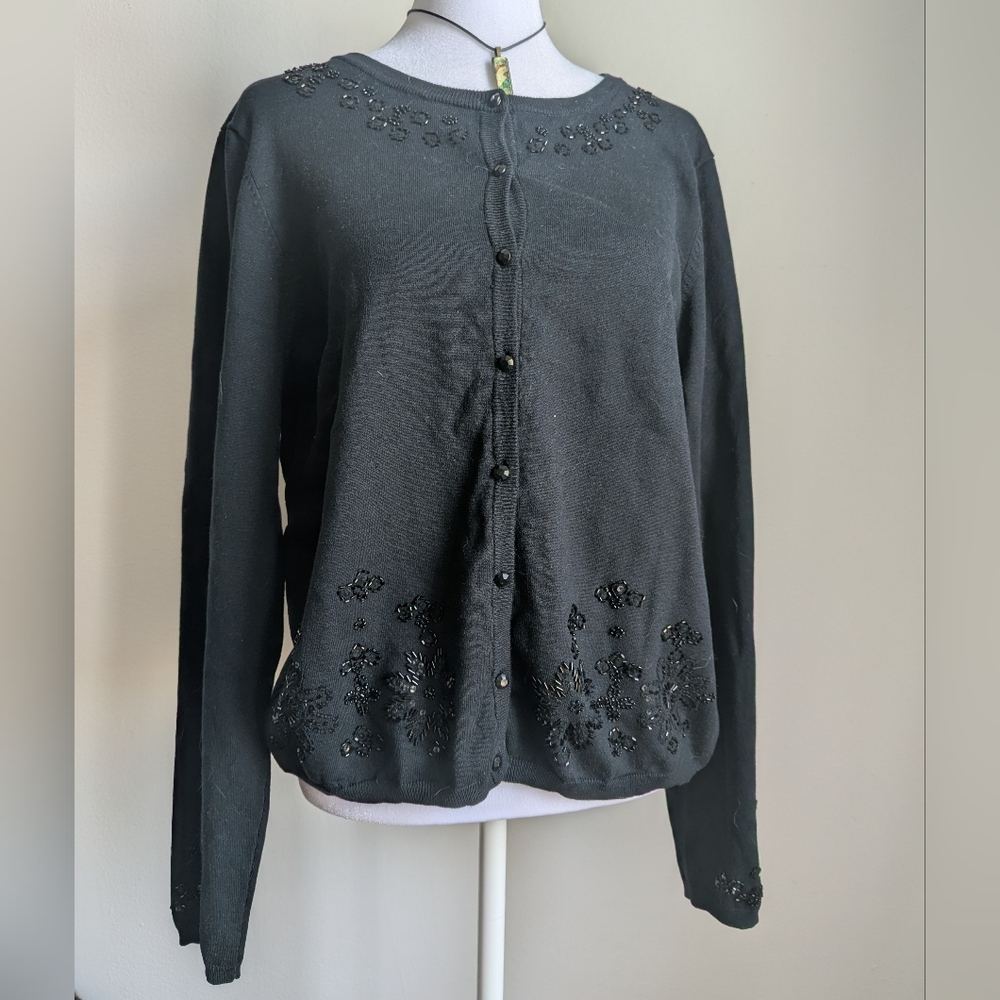Vintage Y2K Gothic Black Beaded Silk Cardigan Size XL